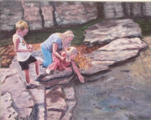 Mother and Children feeding fish